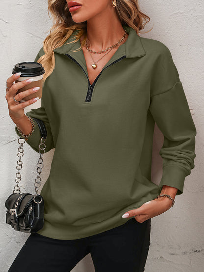 Get trendy with Zip-Up Dropped Shoulder Sweatshirt - Tops available at Styles Code. Grab yours today!