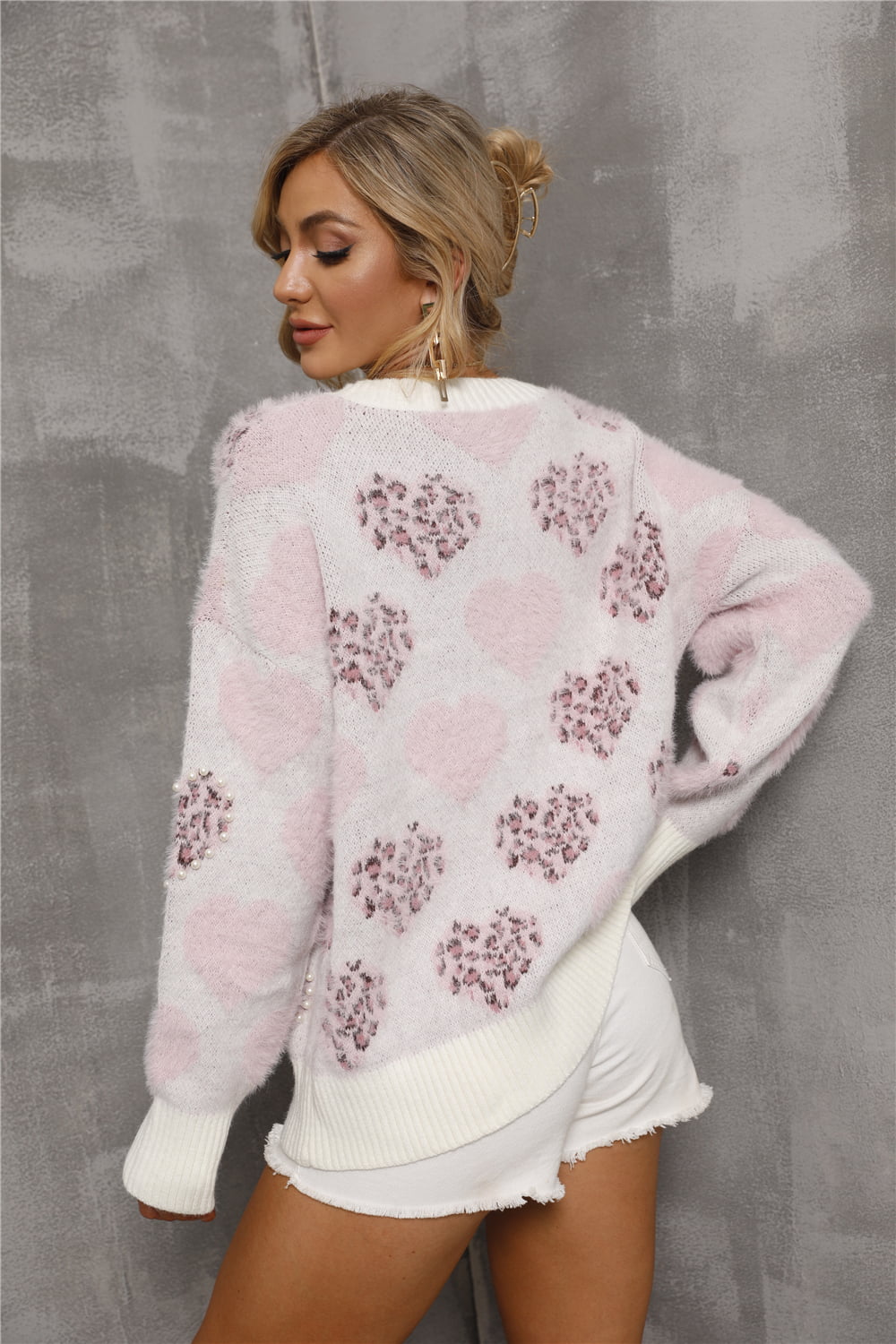 Get trendy with Heart Pattern Round Neck Long Sleeve Sweater - Sweater available at Styles Code. Grab yours today!