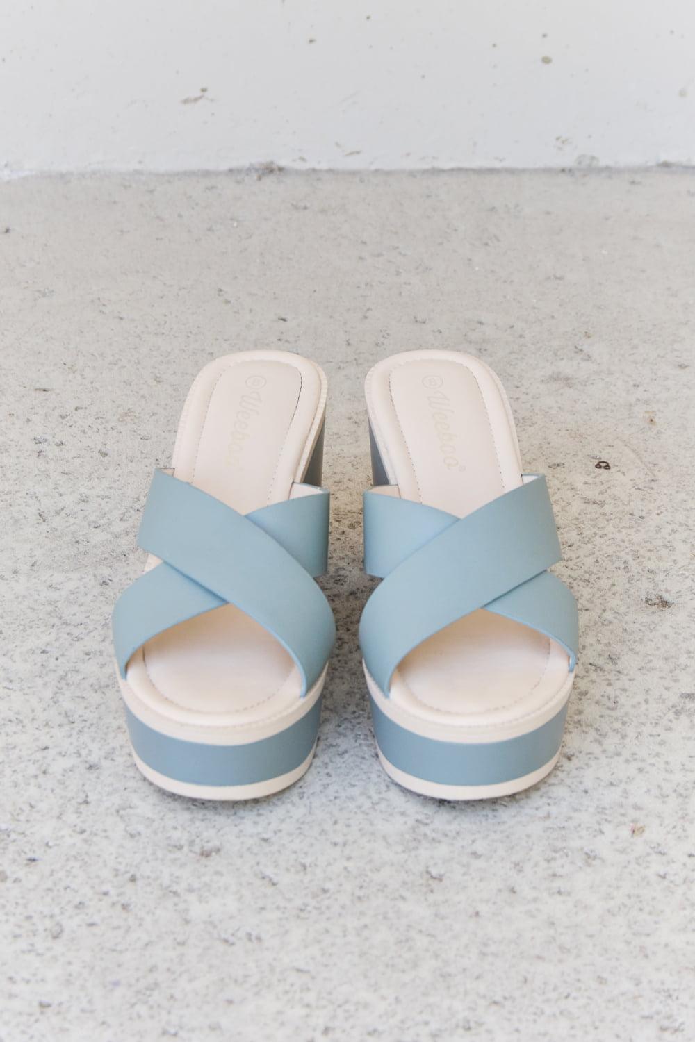 Get trendy with Weeboo Cherish The Moments Contrast Platform Sandals in Misty Blue - Shoes available at Styles Code. Grab yours today!