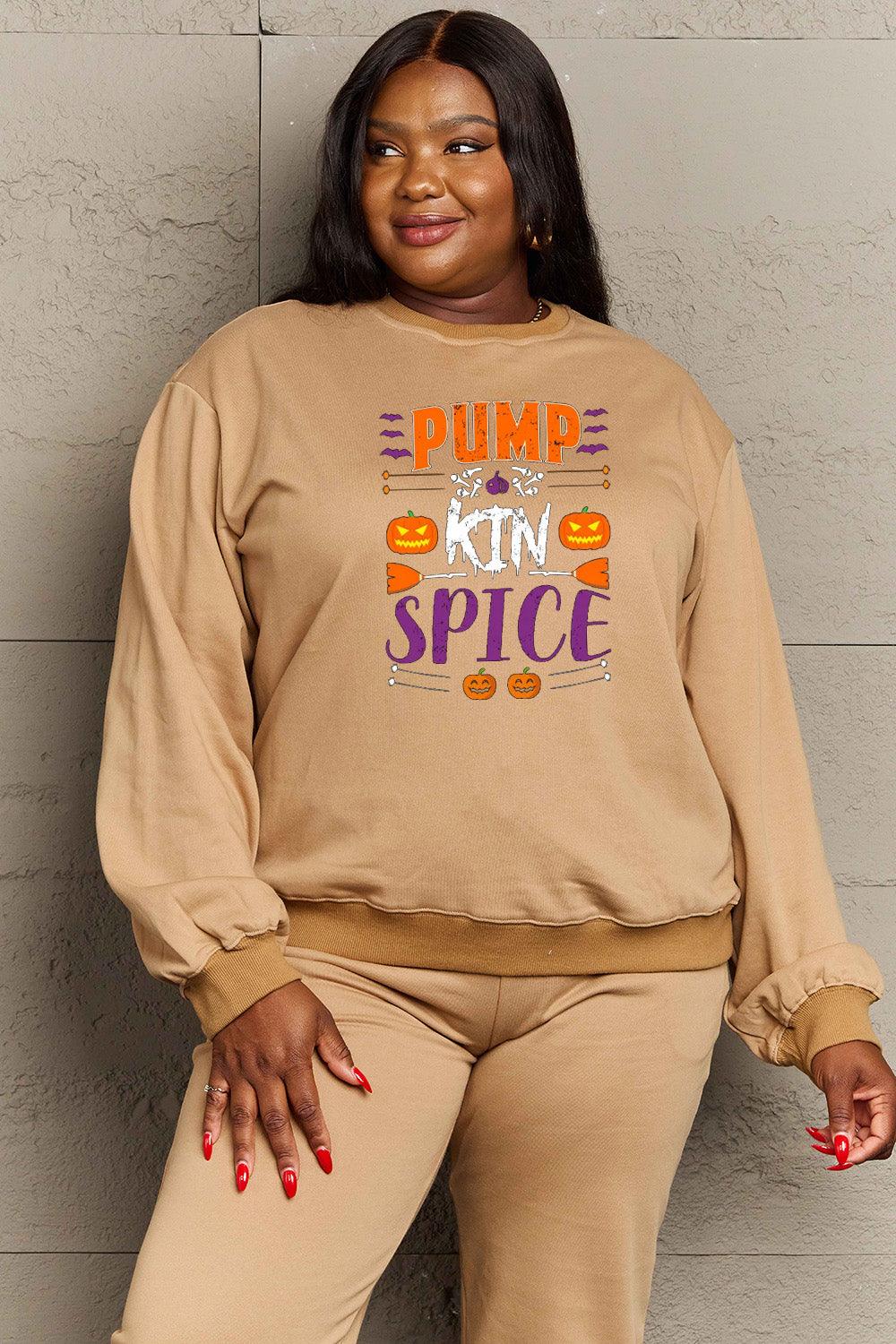 Get trendy with Simply Love Full Size PUMPKIN SPICE Graphic Sweatshirt - Halloween Clothes available at Styles Code. Grab yours today!