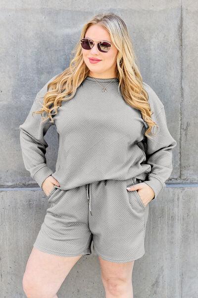 Get trendy with Double Take Full Size Texture Long Sleeve Top and Drawstring Shorts Set -  available at Styles Code. Grab yours today!