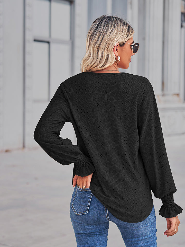 Get trendy with V-Neck Eyelet Flounce Sleeve Blouse - Tops available at Styles Code. Grab yours today!