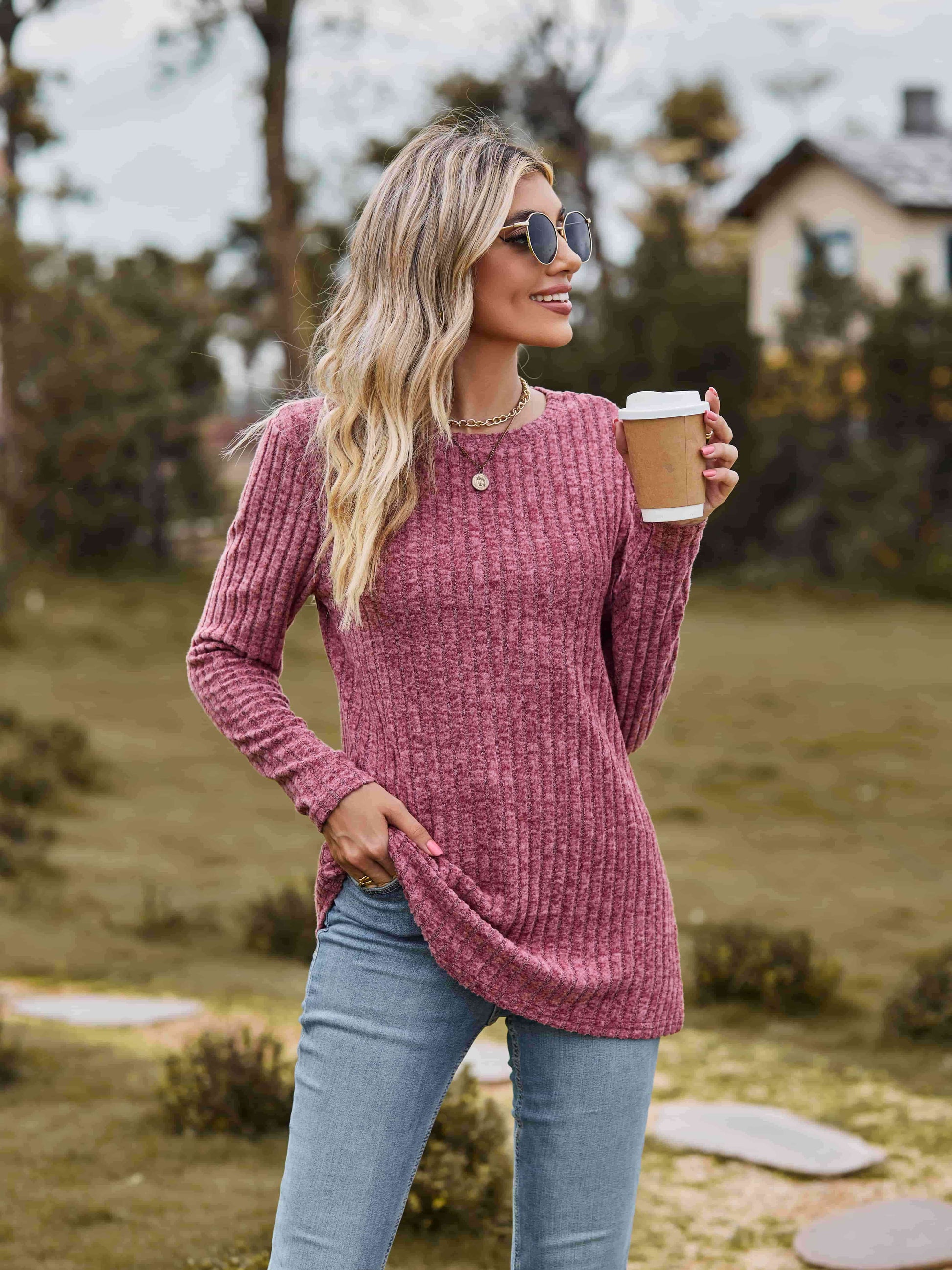 Get trendy with Ribbed Round Neck Long Sleeve Tee - T-Shirt available at Styles Code. Grab yours today!