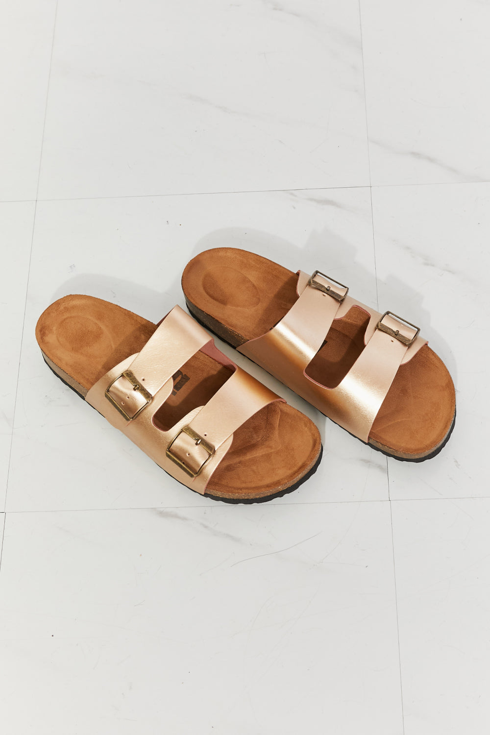 Get trendy with MMShoes Best Life Double-Banded Slide Sandal in Gold - Shoes available at Styles Code. Grab yours today!