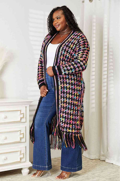 Get trendy with Double Take Full Size Multicolored Open Front Fringe Hem Cardigan - Cardigan available at Styles Code. Grab yours today!