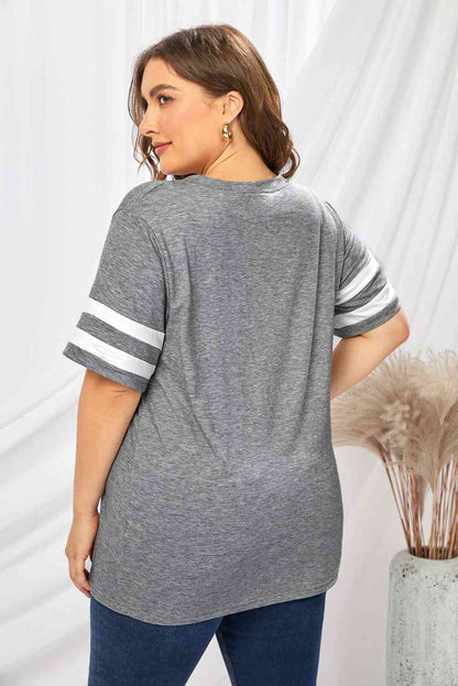 Get trendy with Plus Size Striped V-Neck Tee Shirt - T-Shirt available at Styles Code. Grab yours today!