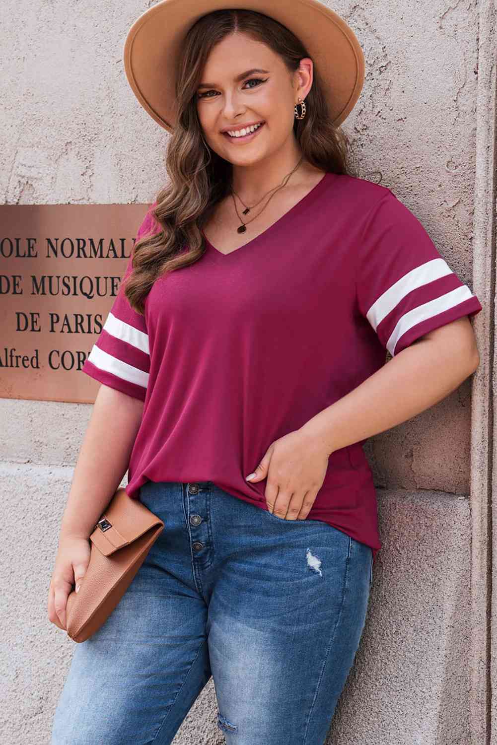 Get trendy with Plus Size Striped V-Neck Tee Shirt - T-Shirt available at Styles Code. Grab yours today!