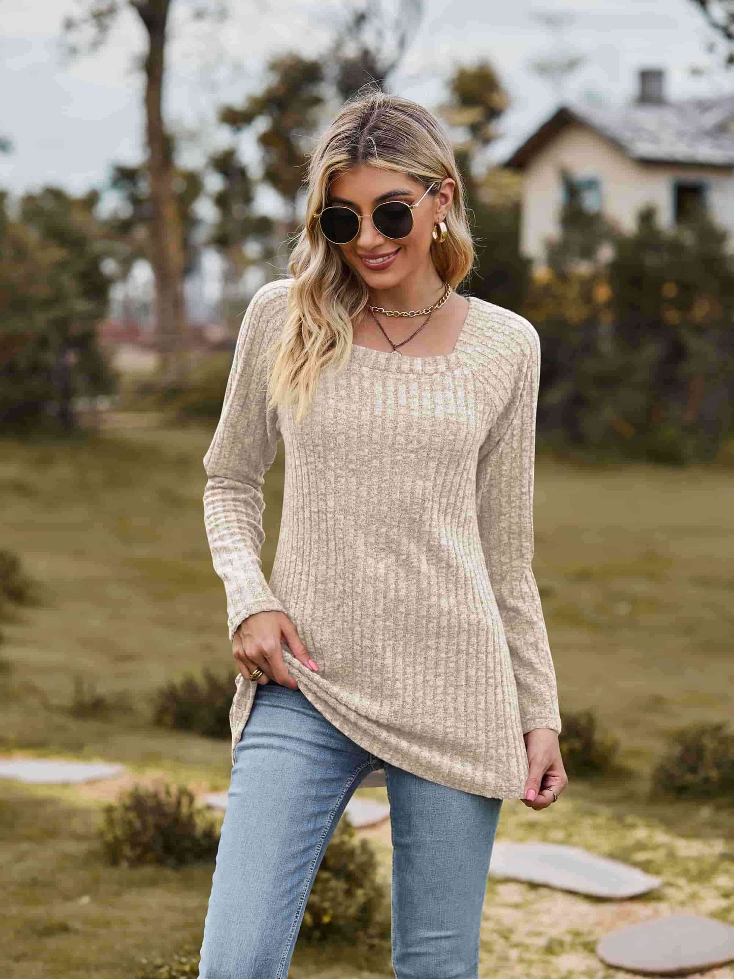 Get trendy with Ribbed Square Neck Long Sleeve Tee - T-Shirt available at Styles Code. Grab yours today!