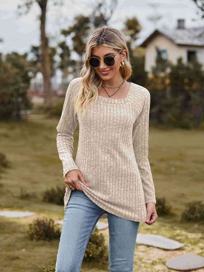 Get trendy with Ribbed Square Neck Long Sleeve Tee - T-Shirt available at Styles Code. Grab yours today!