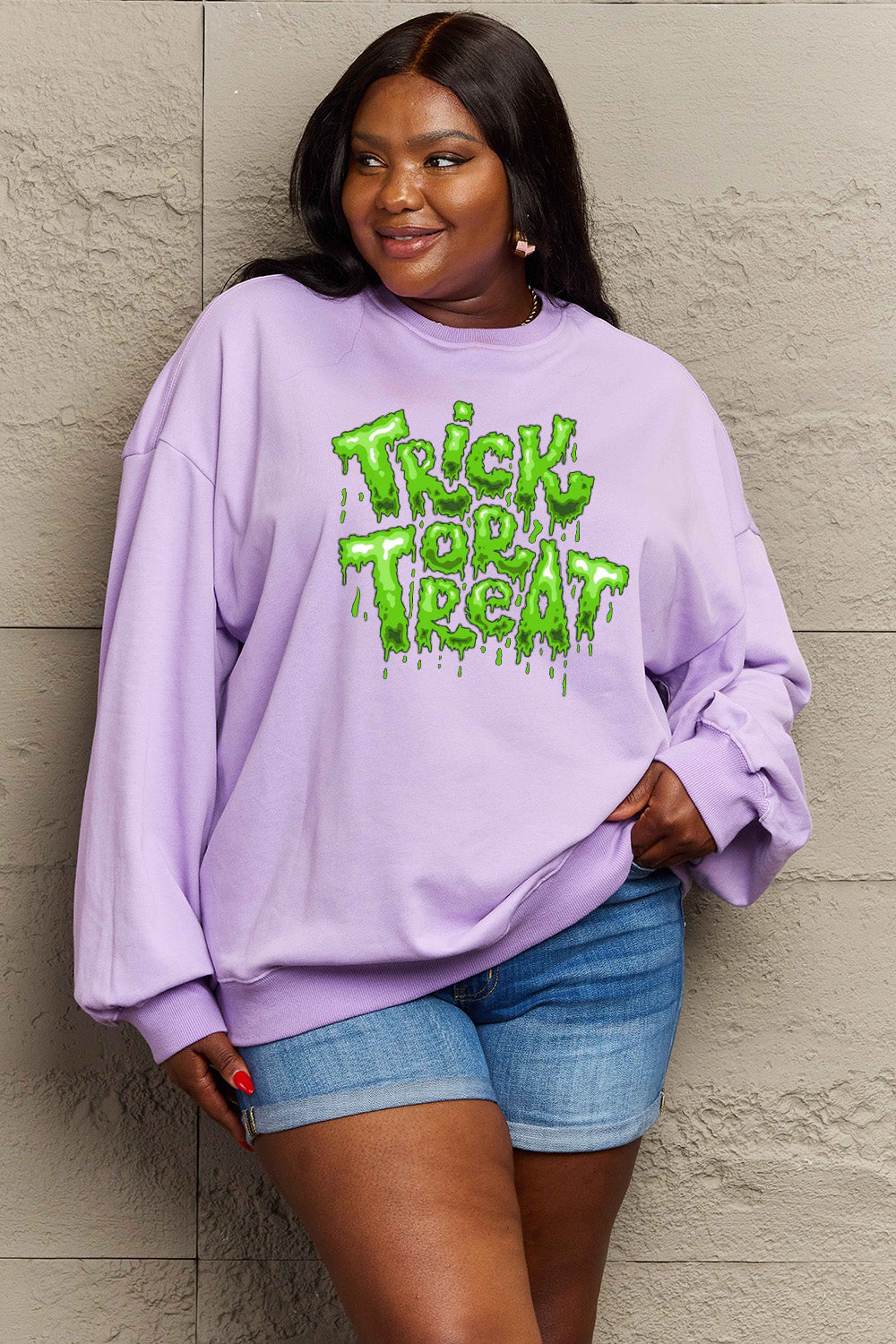 Get trendy with Simply Love Full Size TRICK OR TREAT Graphic Sweatshirt - Halloween Clothes available at Styles Code. Grab yours today!