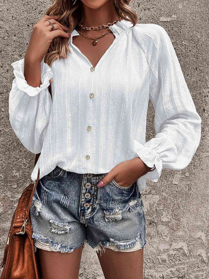 Get trendy with Notched Neck Flounce Sleeve Shirt - Shirt available at Styles Code. Grab yours today!