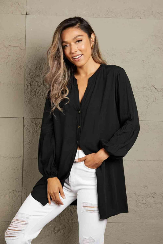 Get trendy with Notched Neck Balloon Sleeve Shirt - Shirt available at Styles Code. Grab yours today!