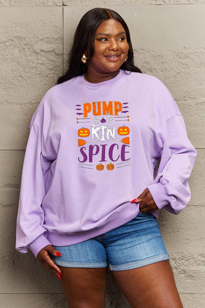 Get trendy with Simply Love Full Size PUMPKIN SPICE Graphic Sweatshirt - Halloween Clothes available at Styles Code. Grab yours today!