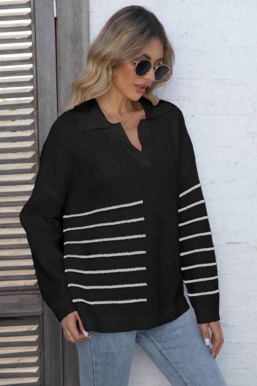 Get trendy with Ribbed Notched Neck Striped Long Sleeve Sweater - Sweater available at Styles Code. Grab yours today!