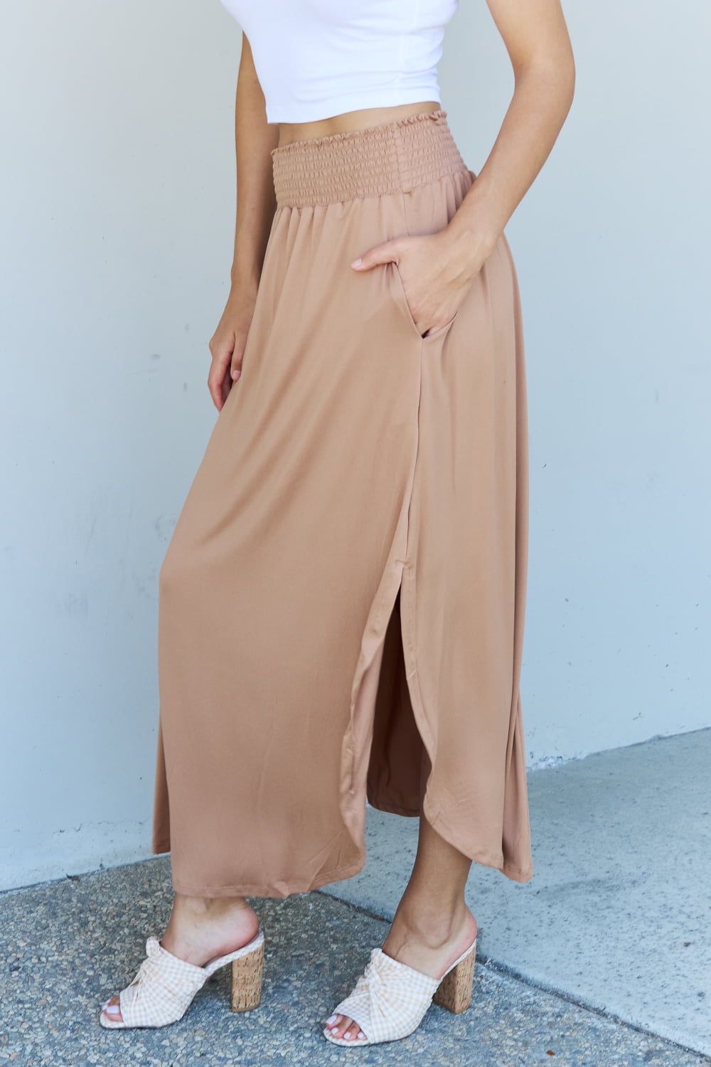 Get trendy with Doublju Comfort Princess Full Size High Waist Scoop Hem Maxi Skirt in Tan -  available at Styles Code. Grab yours today!