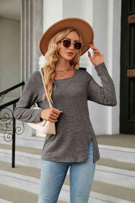 Get trendy with Square Neck Long Sleeve Slit T-Shirt - T-Shirt available at Styles Code. Grab yours today!