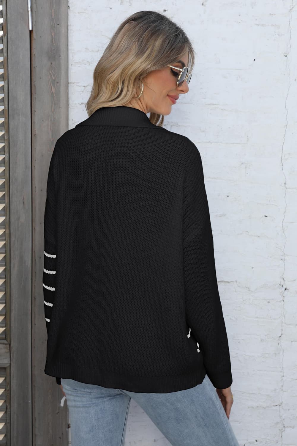 Get trendy with Ribbed Notched Neck Striped Long Sleeve Sweater - Sweater available at Styles Code. Grab yours today!