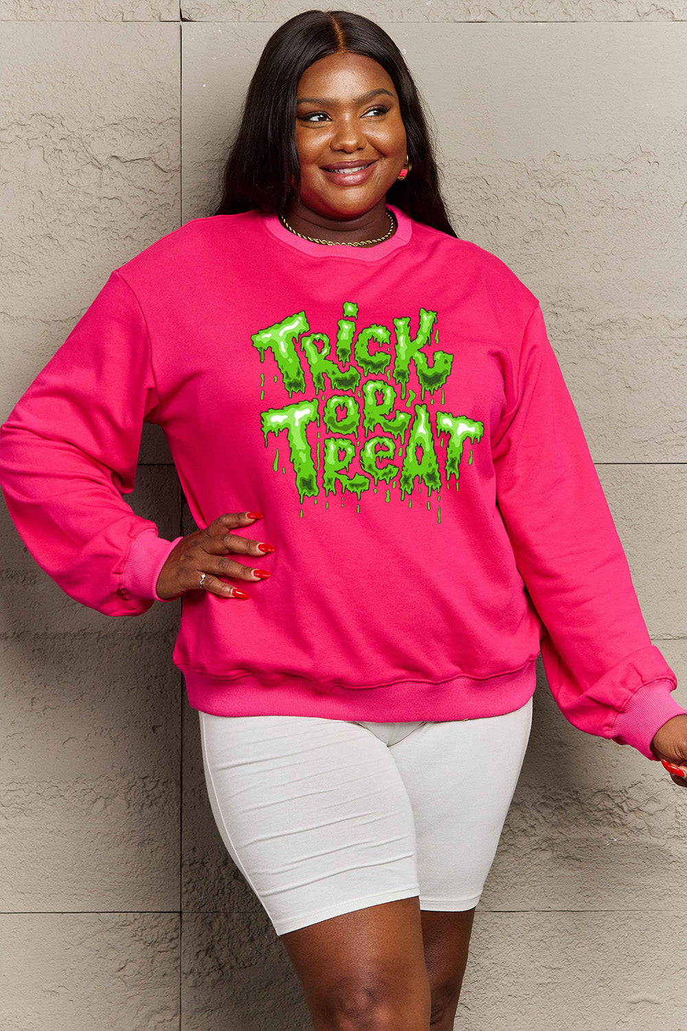 Get trendy with Simply Love Full Size TRICK OR TREAT Graphic Sweatshirt - Halloween Clothes available at Styles Code. Grab yours today!