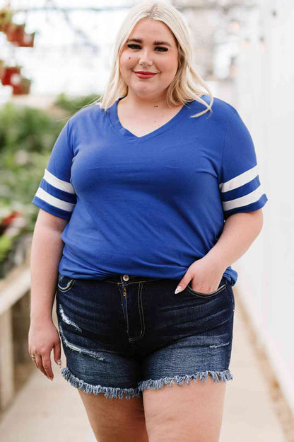 Get trendy with Plus Size Striped V-Neck Tee Shirt - T-Shirt available at Styles Code. Grab yours today!