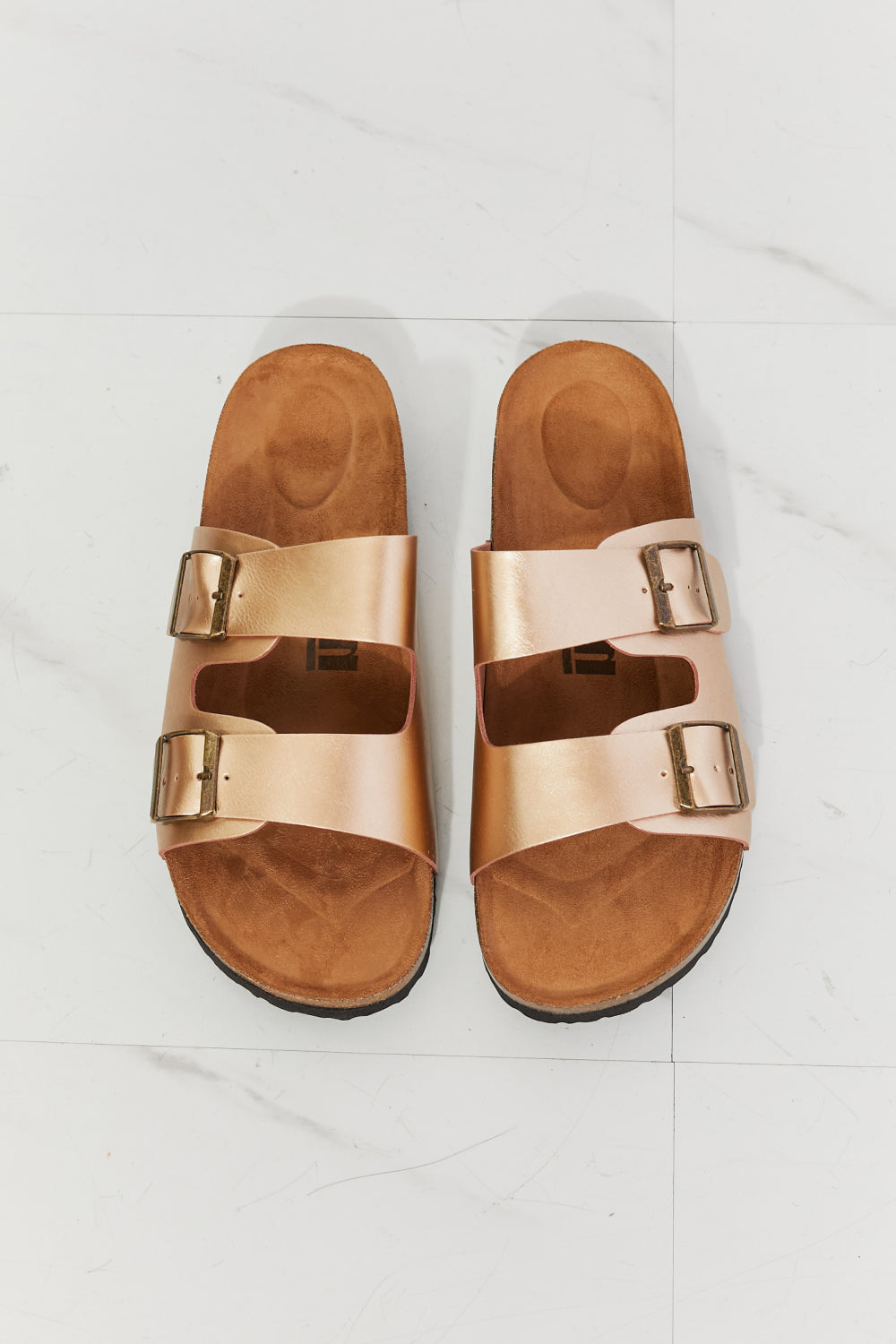 Get trendy with MMShoes Best Life Double-Banded Slide Sandal in Gold - Shoes available at Styles Code. Grab yours today!