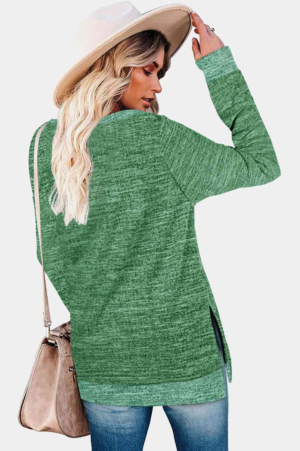 Get trendy with Round Neck Long Sleeve Slit T-Shirt - Shirt available at Styles Code. Grab yours today!