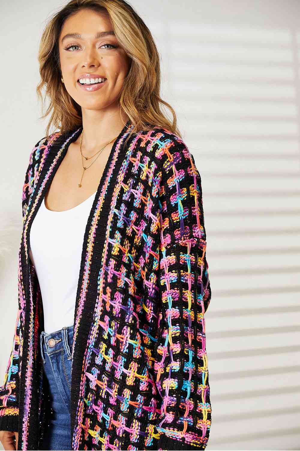 Get trendy with Double Take Full Size Multicolored Open Front Fringe Hem Cardigan - Cardigan available at Styles Code. Grab yours today!