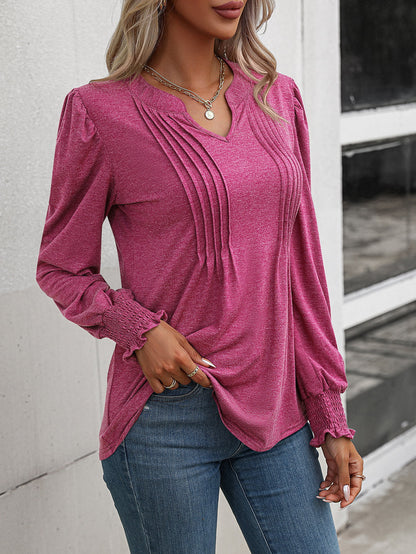 Get trendy with Ruched Notched Neck Puff Sleeve Smocked Wrist Blouse - Tops available at Styles Code. Grab yours today!