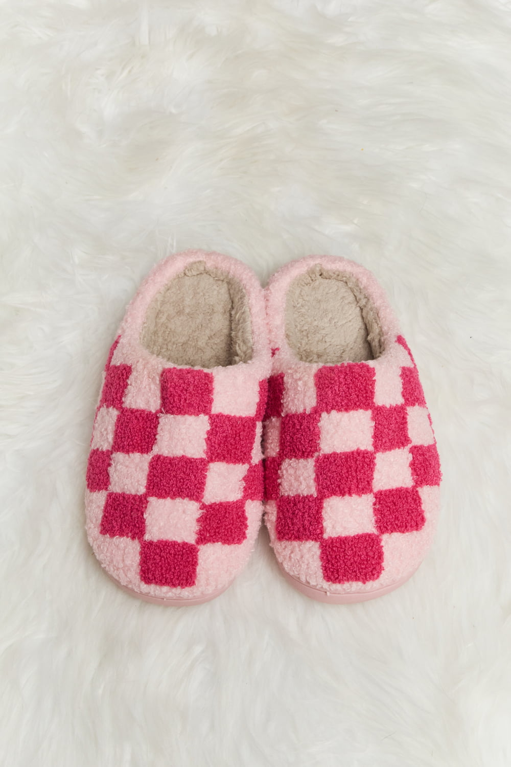 Get trendy with Melody Checkered Print Plush Slide Slippers - Shoes available at Styles Code. Grab yours today!