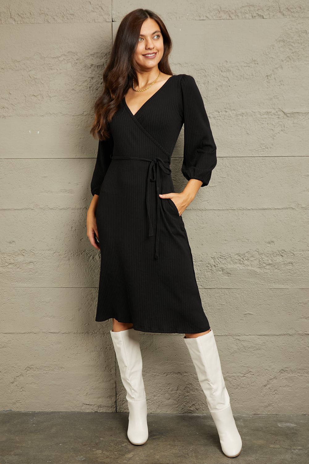 Get trendy with Culture Code Full Size Surplice Flare Ruching Dress - Luxe available at Styles Code. Grab yours today!