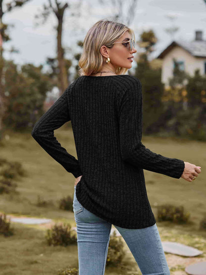 Get trendy with Ribbed Square Neck Long Sleeve Tee - T-Shirt available at Styles Code. Grab yours today!