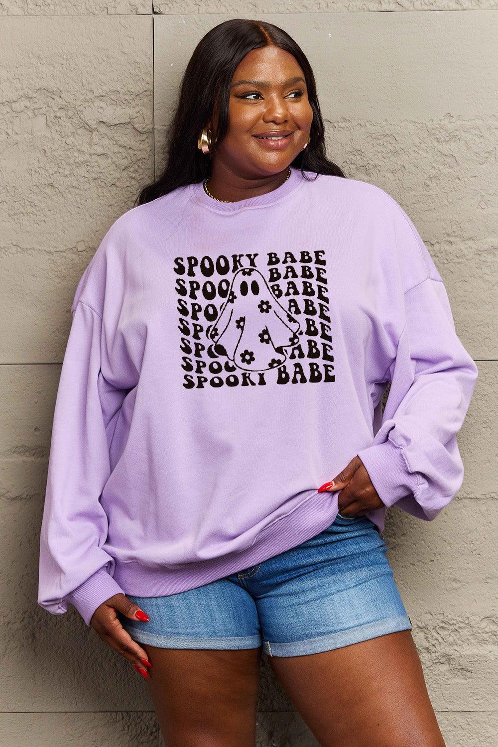 Get trendy with Simply Love Full Size SPOOKY BABE Graphic Sweatshirt - Halloween Clothes available at Styles Code. Grab yours today!