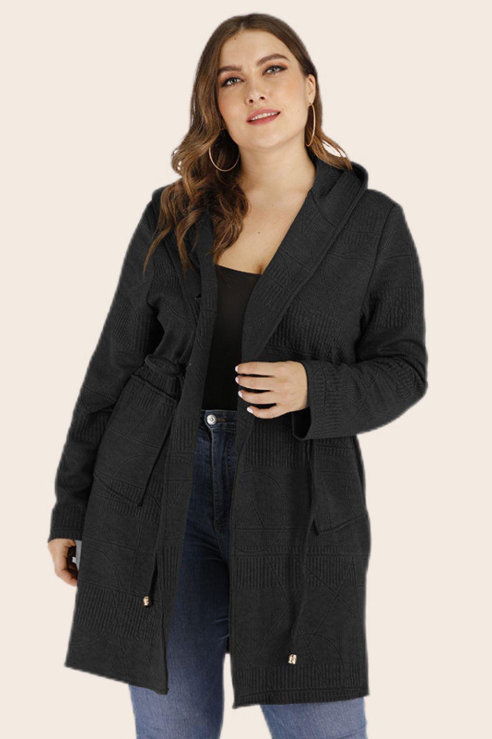 Get trendy with Plus Size Drawstring Waist Hooded Cardigan - Plus Size available at Styles Code. Grab yours today!