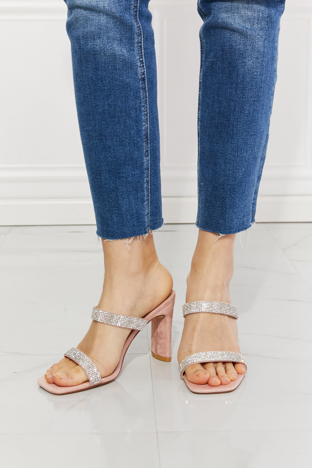 Get trendy with MMShoes Leave A Little Sparkle Rhinestone Block Heel Sandal in Pink - Shoes available at Styles Code. Grab yours today!