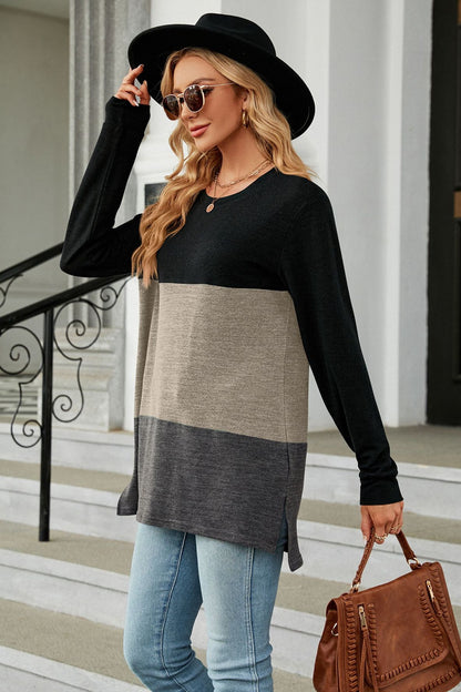 Get trendy with Color Block Round Neck Long Sleeve Slit T-Shirt - Tops available at Styles Code. Grab yours today!