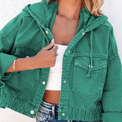 Get trendy with Hooded Dropped Shoulder Denim Jacket - Jackets available at Styles Code. Grab yours today!