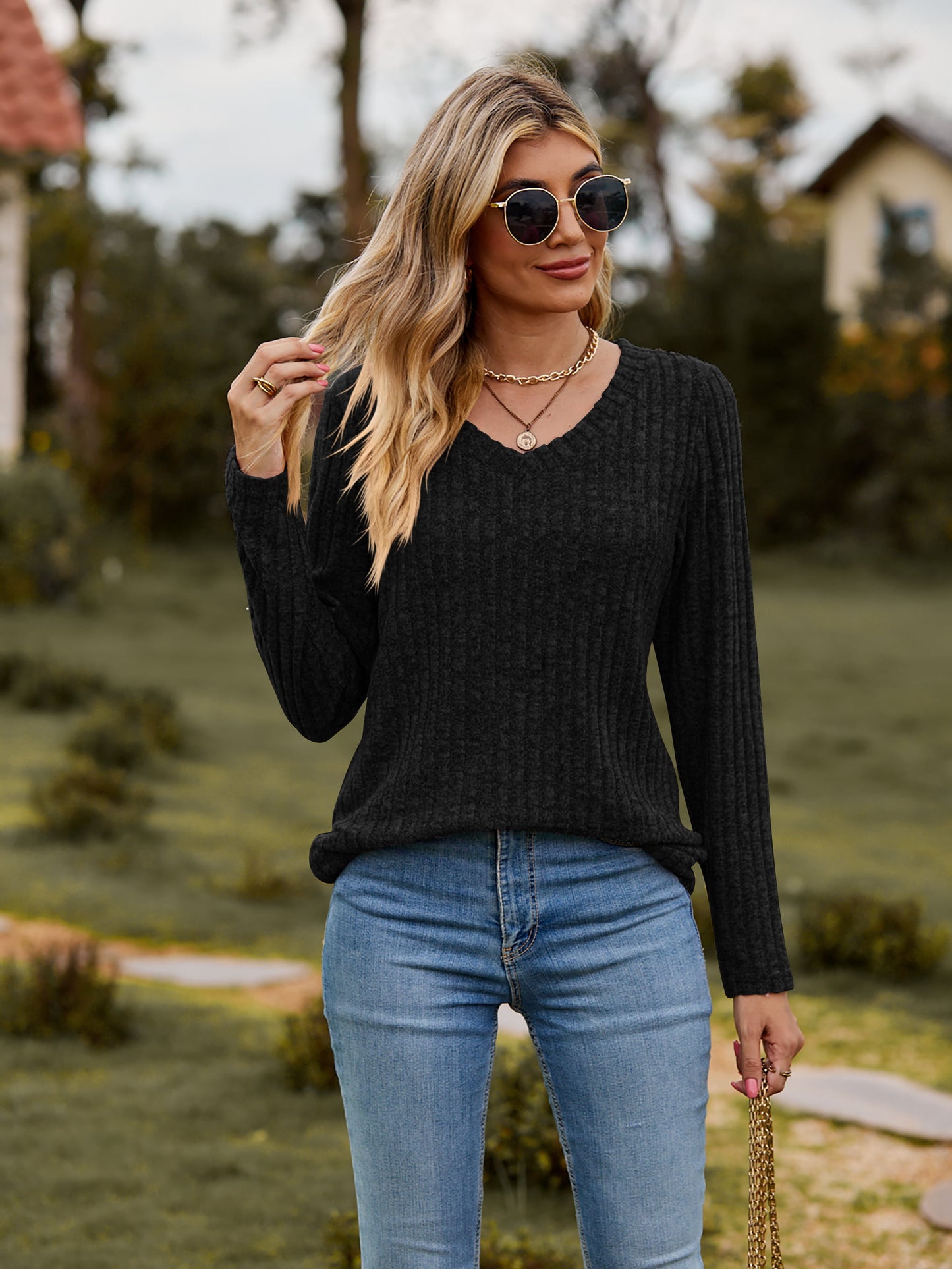 Get trendy with Ribbed V-Neck Long Sleeve Tee - Tops available at Styles Code. Grab yours today!