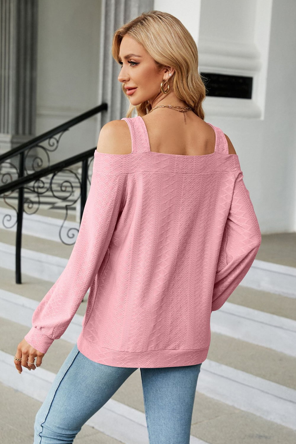 Get trendy with Cold Shoulder Square Neck Cutout Blouse - Tops available at Styles Code. Grab yours today!