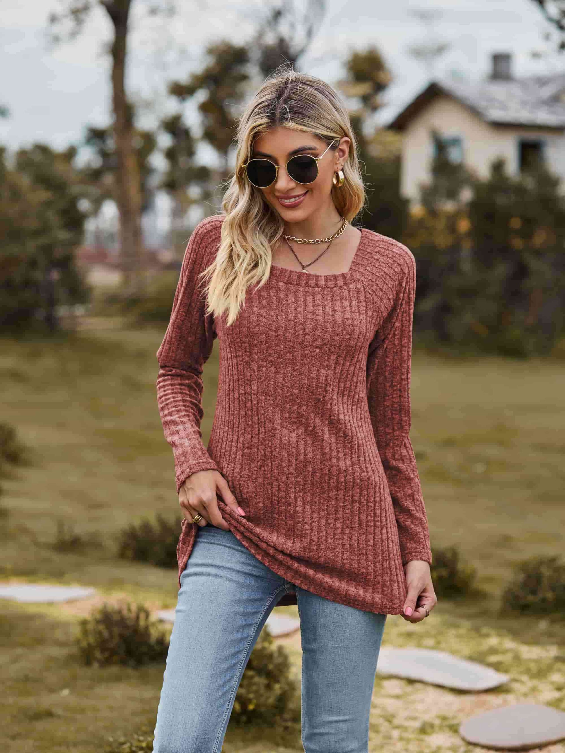 Get trendy with Ribbed Square Neck Long Sleeve Tee - T-Shirt available at Styles Code. Grab yours today!