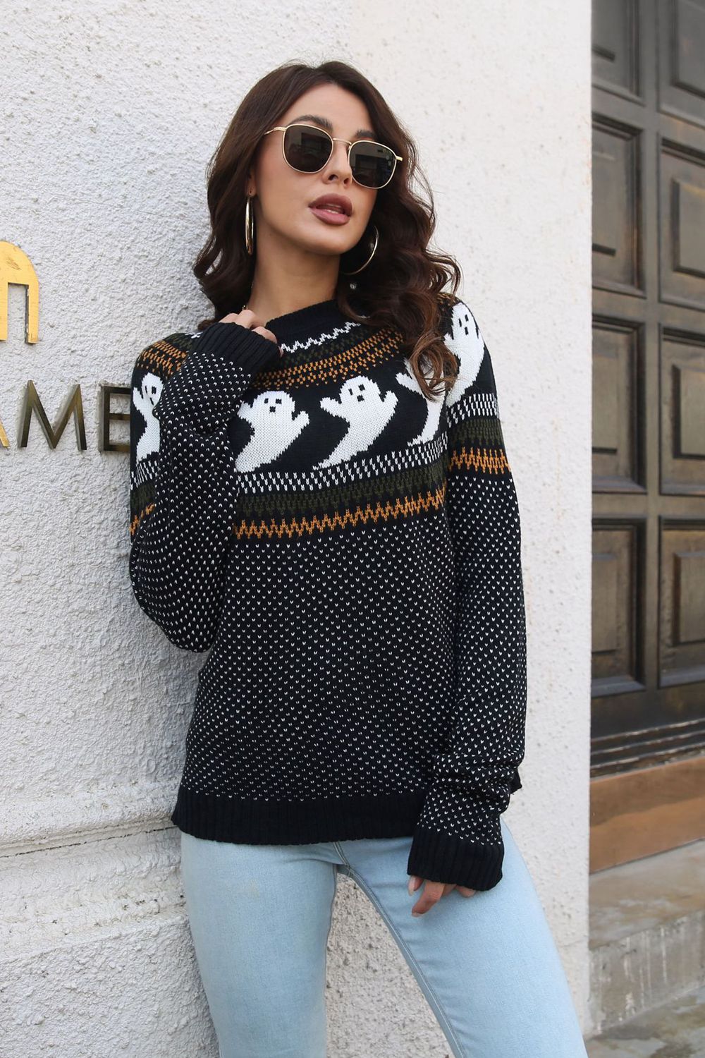 Get trendy with Ribbed Round Neck Long Sleeve Pullover Sweater - Halloween Clothes available at Styles Code. Grab yours today!