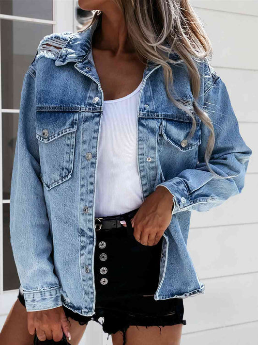 Get trendy with Distressed Snap Down Denim Jacket - Jacket available at Styles Code. Grab yours today!