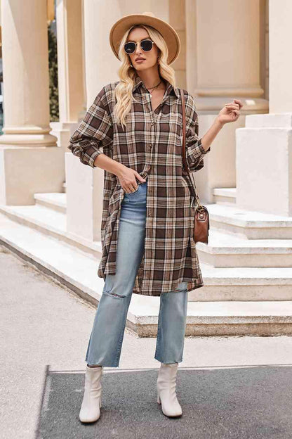 Get trendy with Plaid Collared Neck Long Sleeve Coat - Shirt available at Styles Code. Grab yours today!