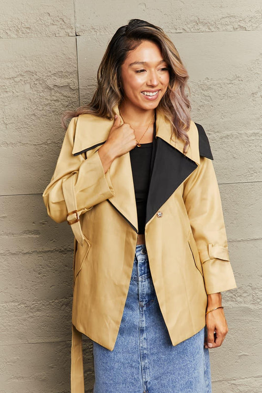 Get trendy with Tie Waist Lapel Collar Trench Coat - Coats available at Styles Code. Grab yours today!