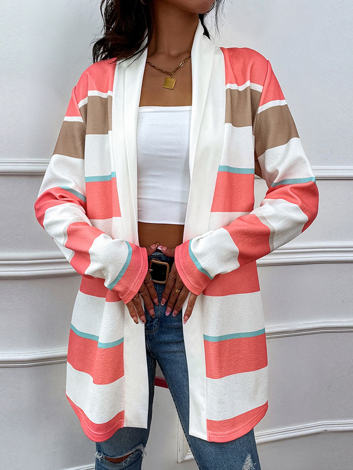 Get trendy with Striped Open Front Longline Cardigan - Cardigans available at Styles Code. Grab yours today!