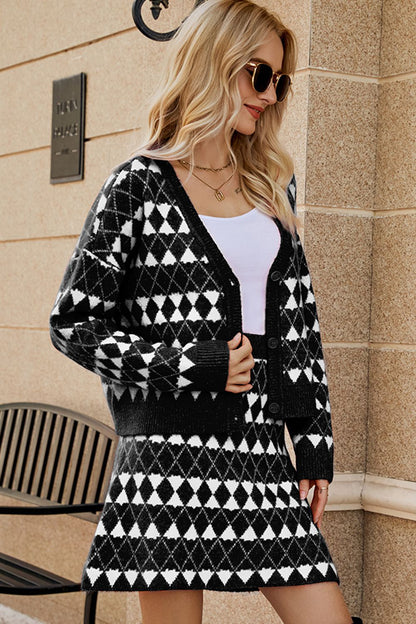 Get trendy with Geometric Dropped Shoulder Cardigan and Knit Skirt Set - Two Piece Sets available at Styles Code. Grab yours today!