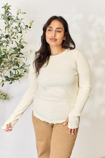 Get trendy with Full Size Ribbed Round Neck Long Sleeve Top - Top available at Styles Code. Grab yours today!