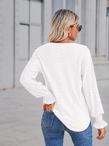 Get trendy with V-Neck Eyelet Flounce Sleeve Blouse - Tops available at Styles Code. Grab yours today!