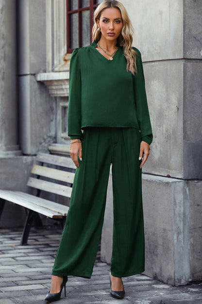 Get trendy with V-Neck Long Sleeve Top and Wide Leg Pants Set - Two Piece Sets available at Styles Code. Grab yours today!