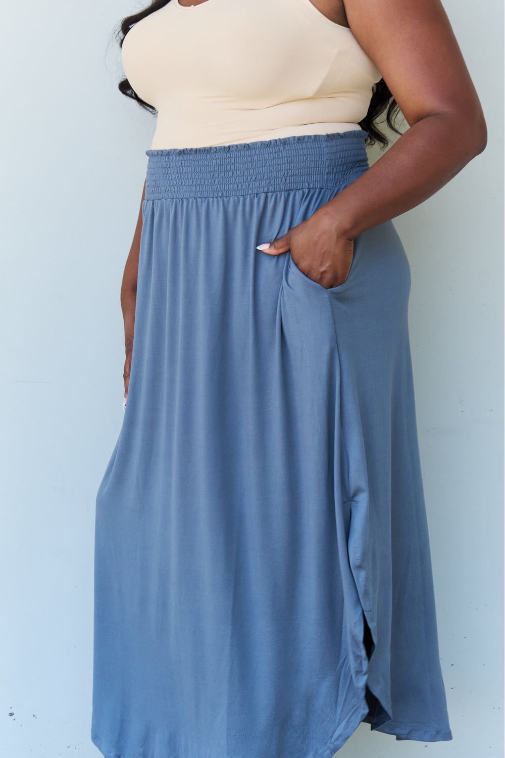 Get trendy with Doublju Comfort Princess Full Size High Waist Scoop Hem Maxi Skirt in Dusty Blue -  available at Styles Code. Grab yours today!