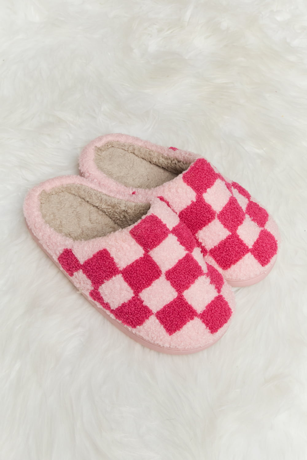 Get trendy with Melody Checkered Print Plush Slide Slippers - Shoes available at Styles Code. Grab yours today!