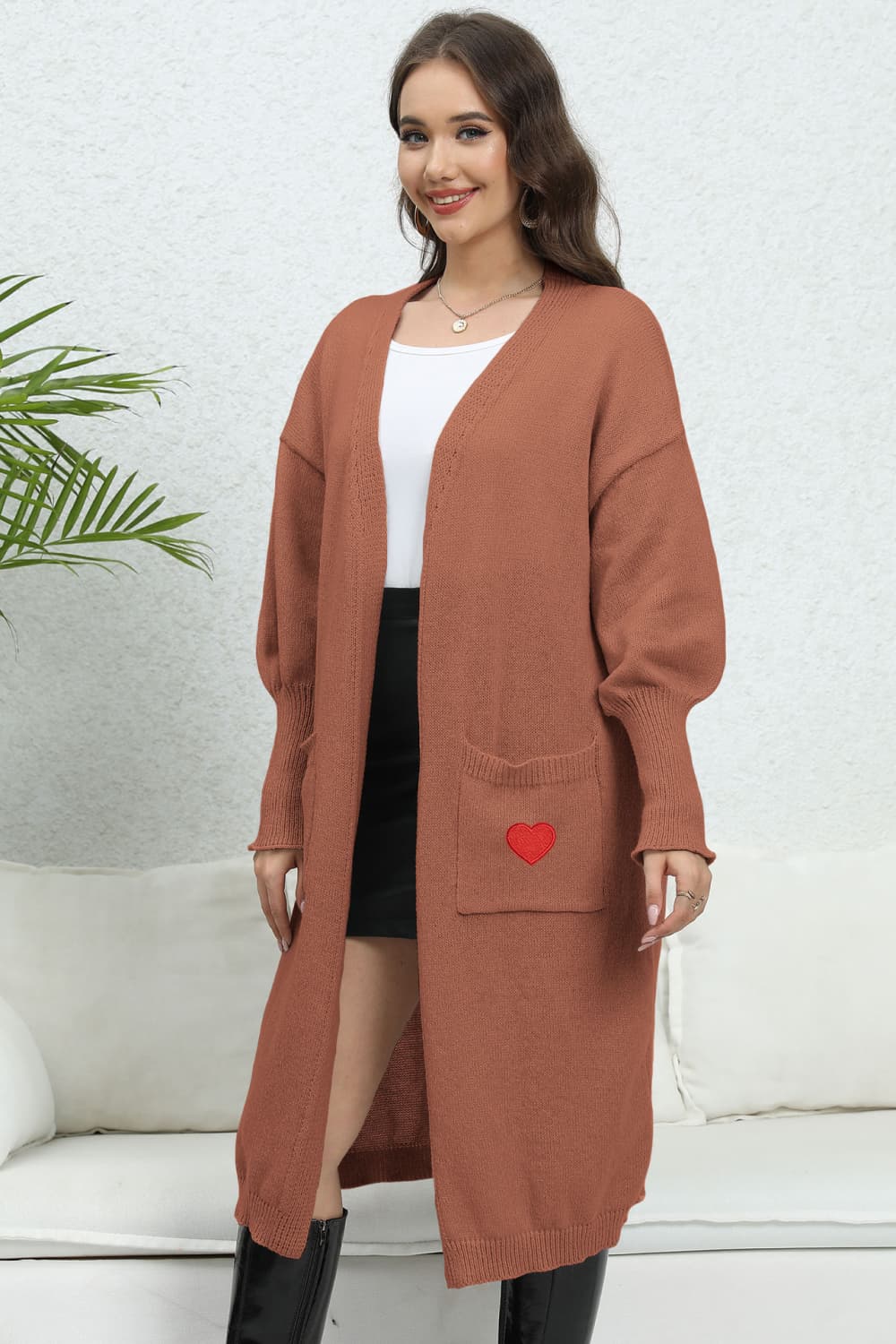 Get trendy with Lantern Sleeve Open Front Pocketed Cardigan - Cardigan available at Styles Code. Grab yours today!